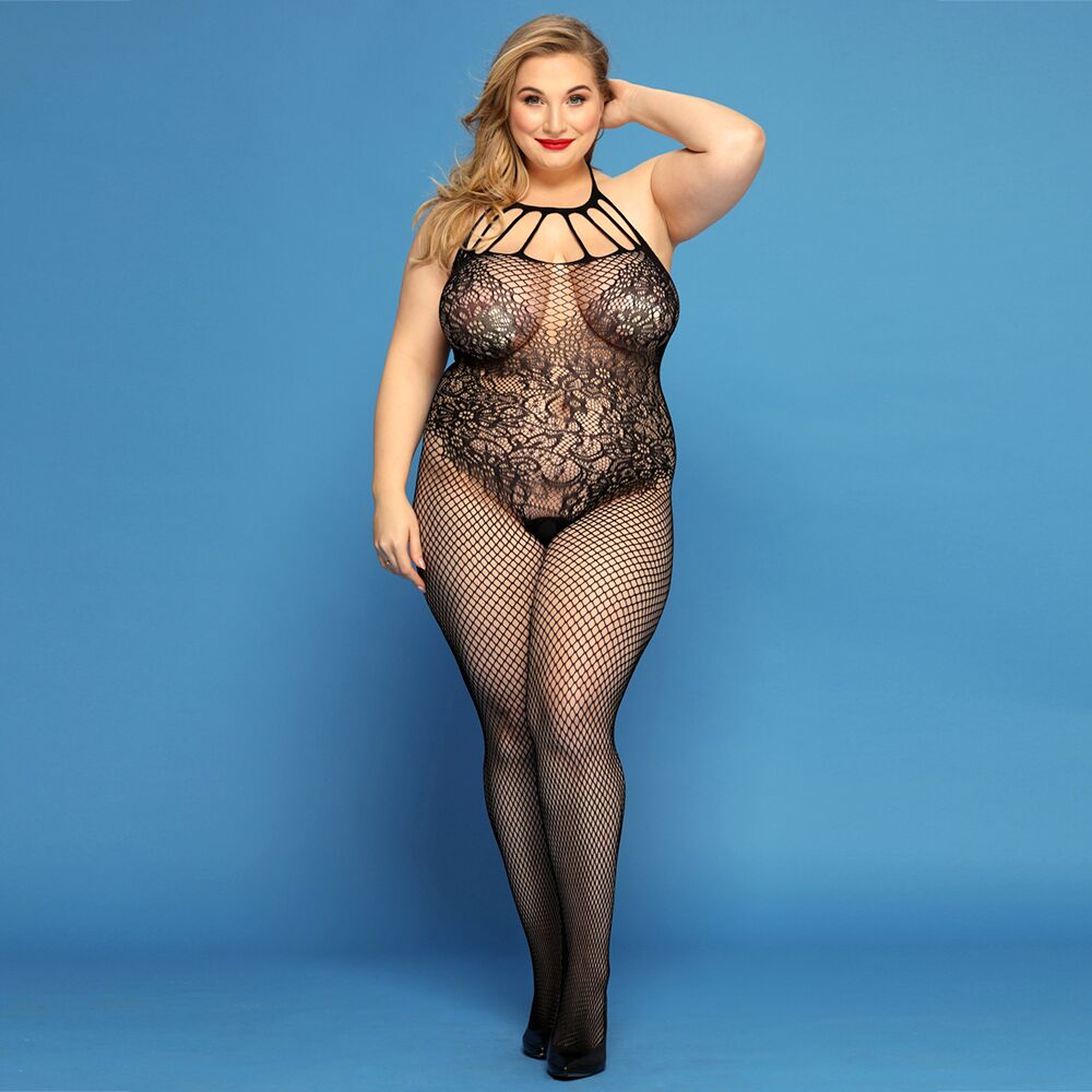 Сітчастий бодістокінг JSY «Відверта Мадлен» Plus Size, Black, імітація боді, мереживо, доступ до DIDO
