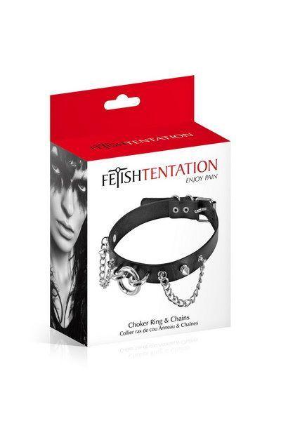 Ошейник цепочками, шипами и кольцом Fetish Tentation Choker Rings and Chains, экокожа в DIDO