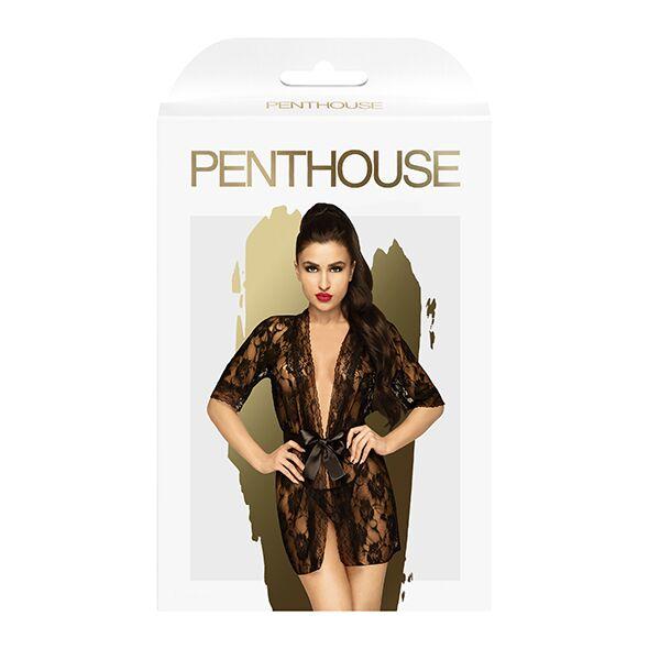 Комплект пеньюар з декором у вигляді троянд та стрінгами Penthouse - Sweet Retreat Black XL в DIDO