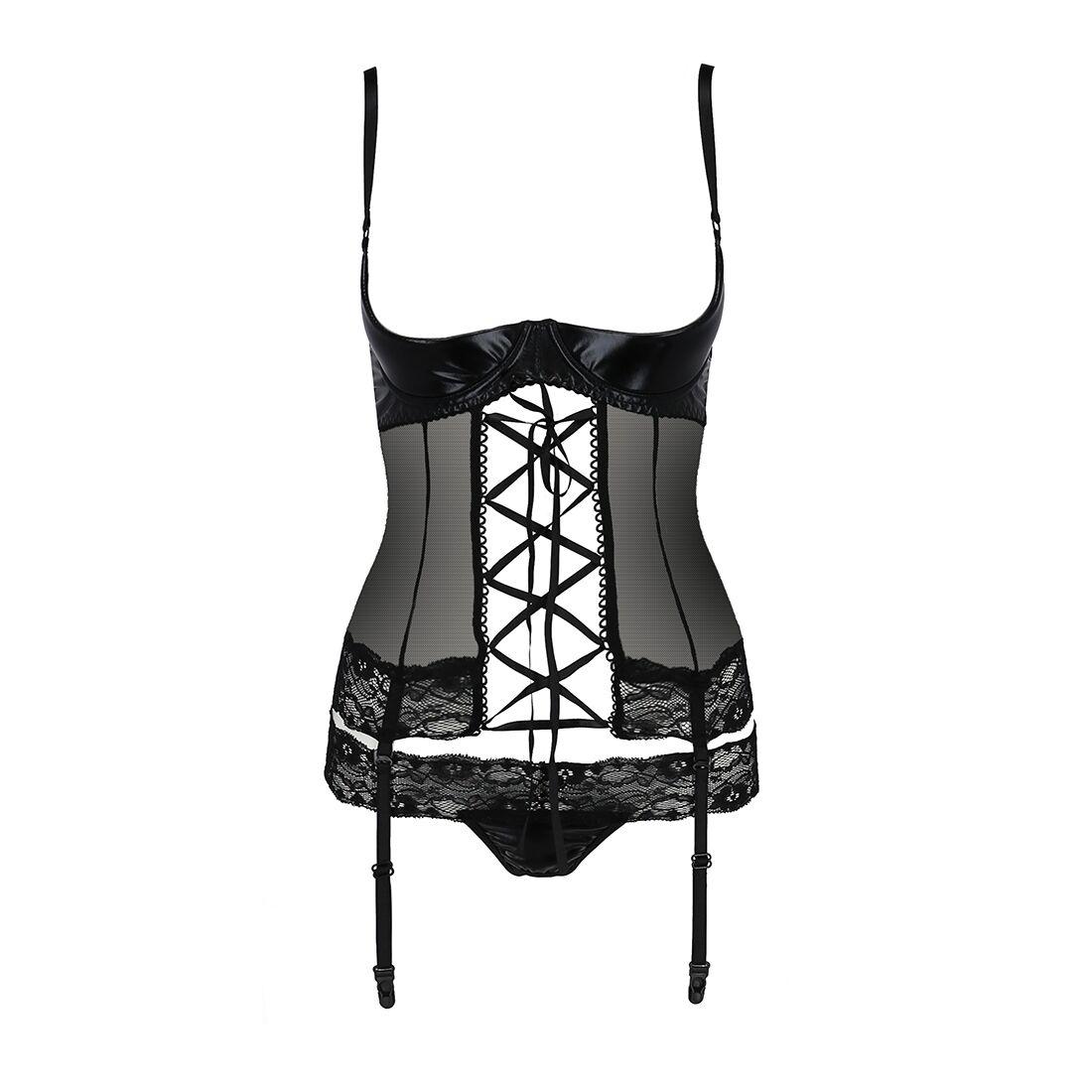 Корсет з відкритими грудьми Passion Exclusive NORTH CORSET XXL/XXXL, black, пажі, трусики, шнурівка в DIDO