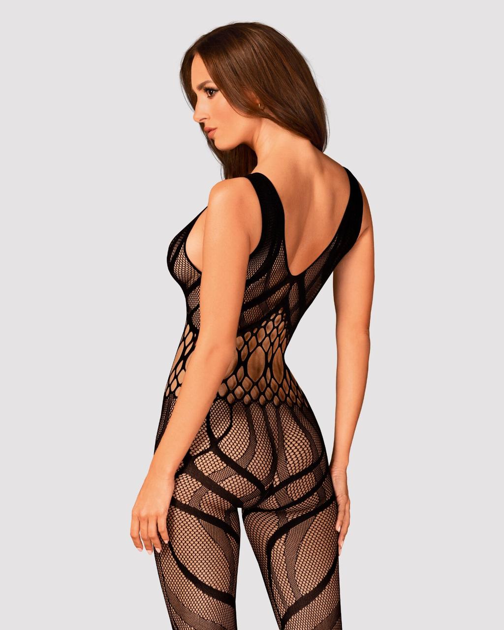 Сітчастий бодістокінг з вирізами та малюнком Obsessive Bodystocking G328 S/M/L, чорний, комбінезон у DIDO