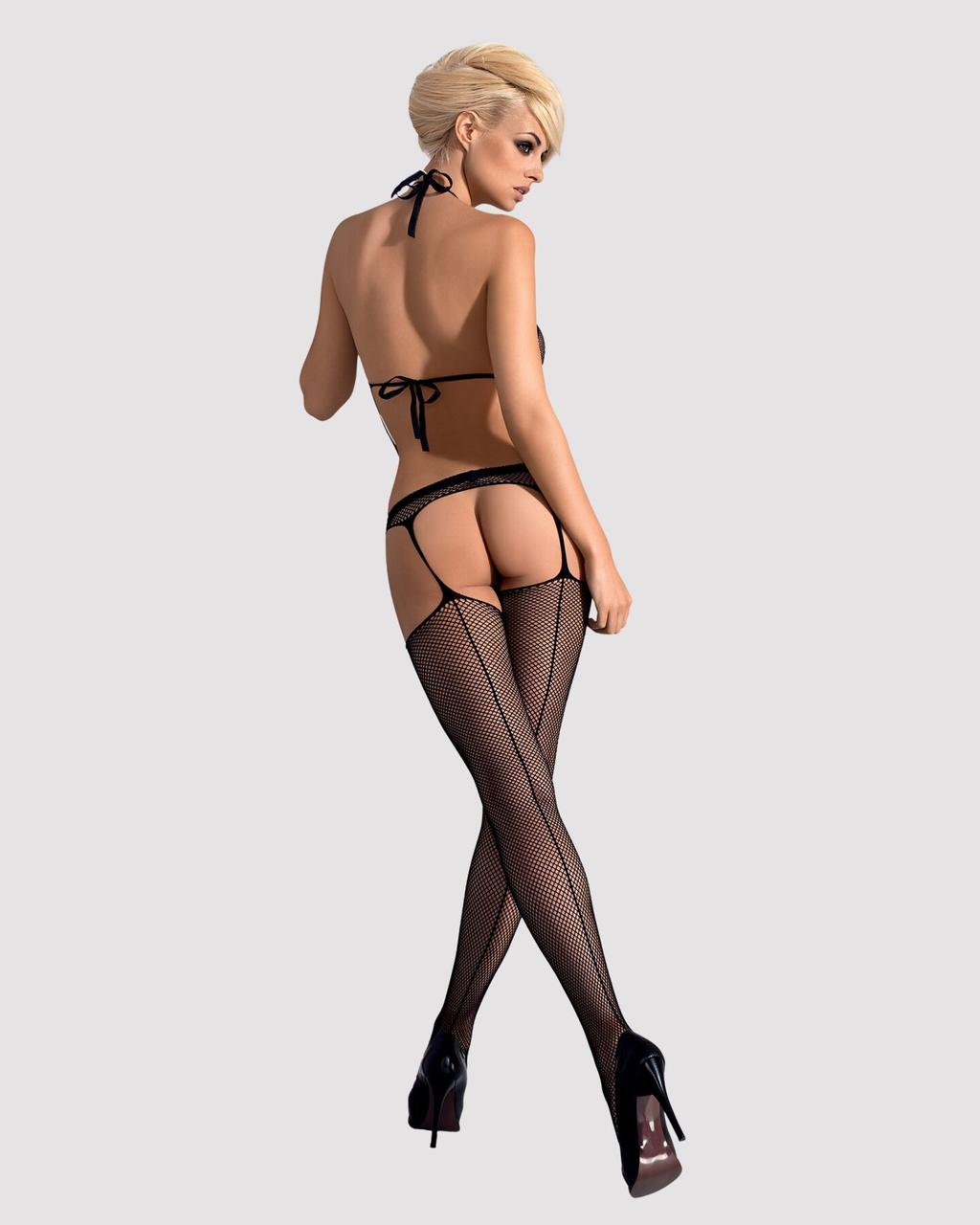(SALE) Сетчатый бодистокинг с имитацией топа, пояса и чулок Obsessive Bodystocking N108 S/M/L, черный, комб в DIDO