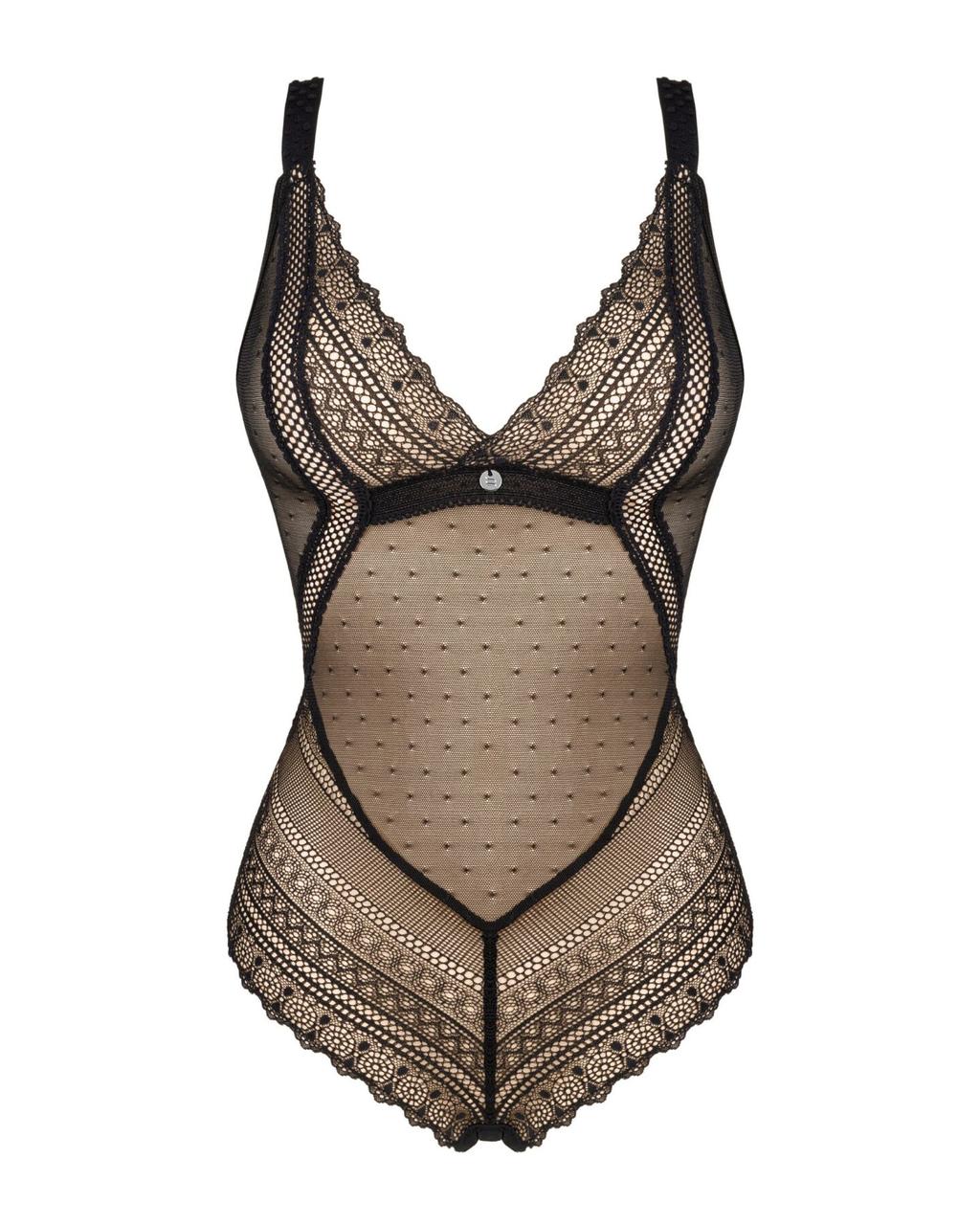 Кружевное боди с декольте Obsessive Estiqua teddy M/L, черное, широкие лямки в DIDO