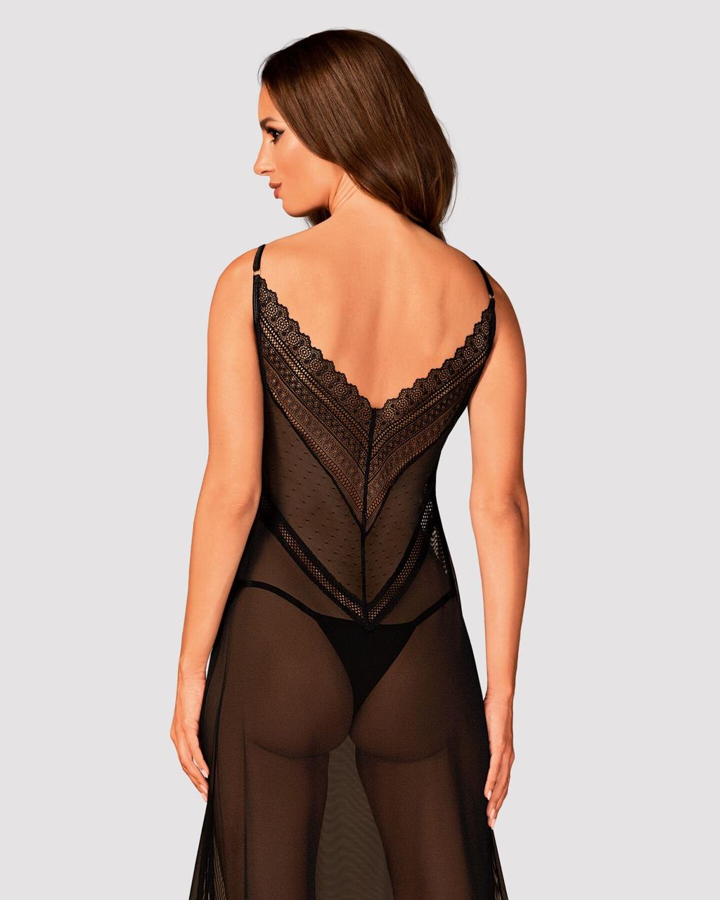 Полупрозрачная длинная сорочка Obsessive Estiqua chemise XS/S, черный, ассиметричный крой в DIDO
