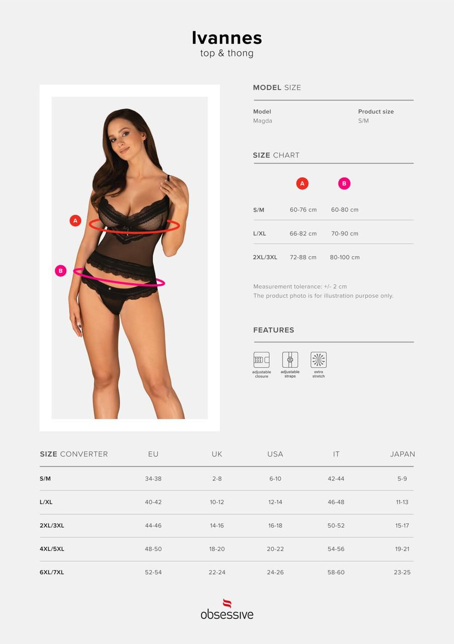 Полупрозрачный набор с украшениями Obsessive Ivannes top & thong L/XL, черный, топ и танга в DIDO