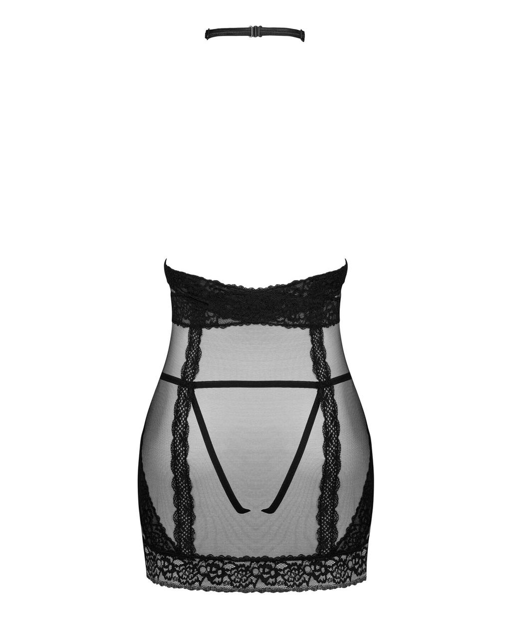 Напівпрозора сорочка з відкритими грудьми Obsessive Lacrisia chemise M/L, чорна, з чокером у DIDO