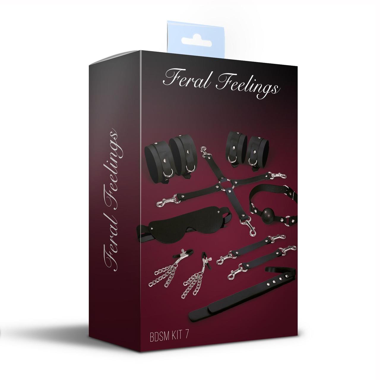 Набір Feral Feelings BDSM Kit 7 Black, наручники, поножі, конектор, маска, паддл, кляп, затискачі в DIDO