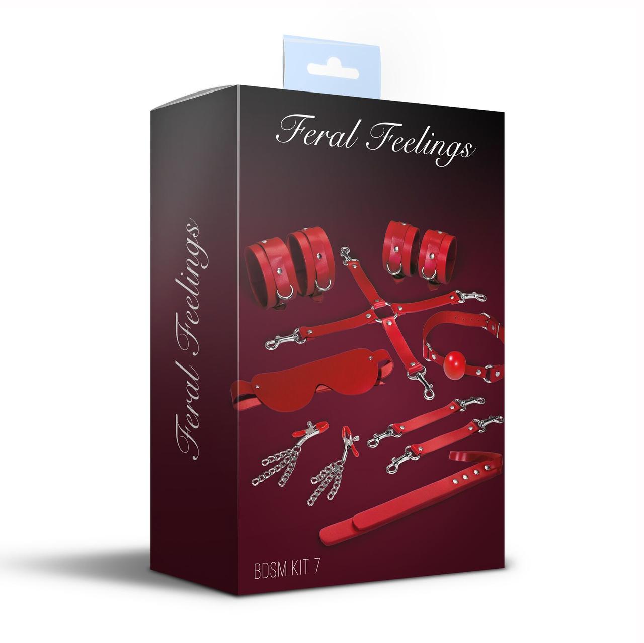Набір Feral Feelings BDSM Kit 7 Red, наручники, поножі, конектор, маска, паддл, кляп, затискачі в DIDO