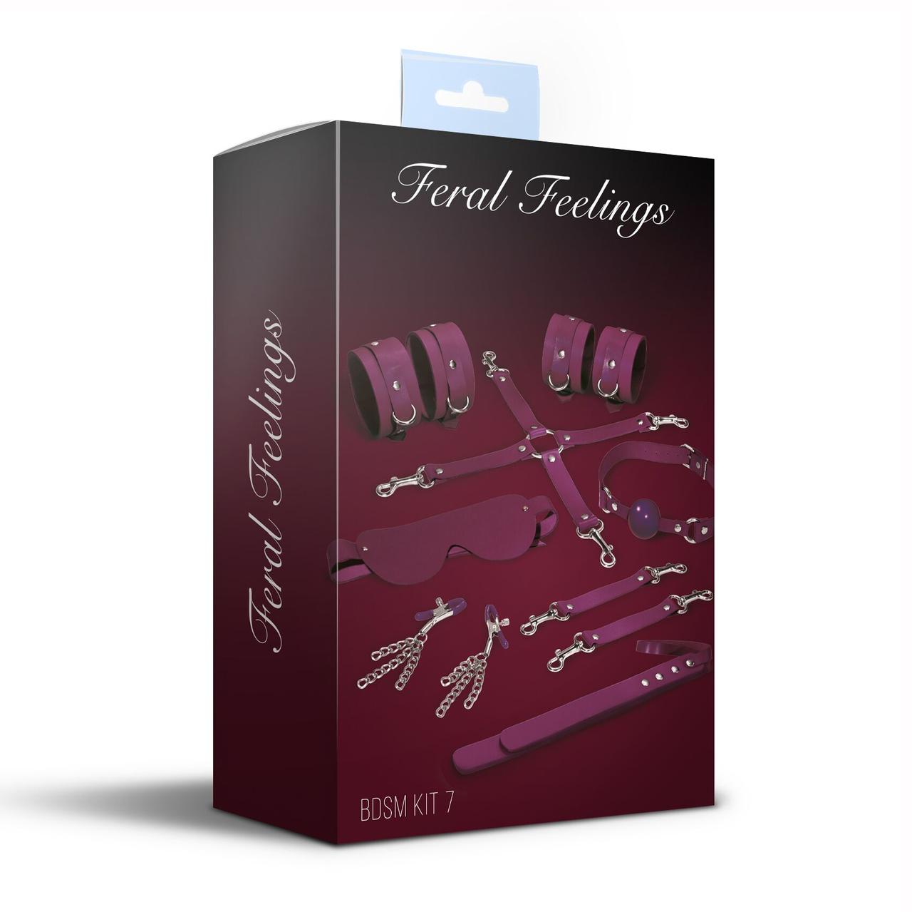 Набір Feral Feelings BDSM Kit 7 Burgundy, наручники, поножі, конектор, маска, паддл, кляп, затискачі в DIDO