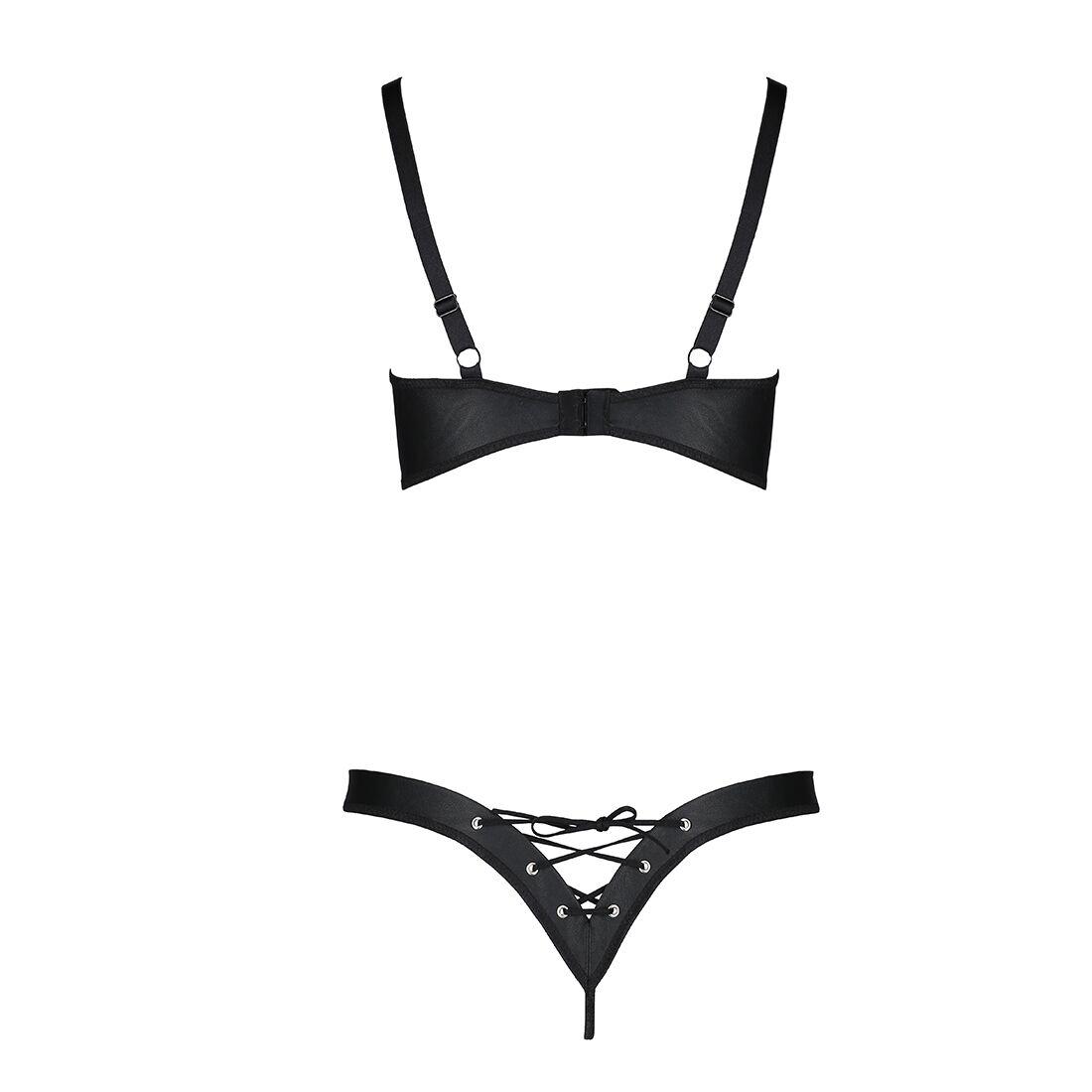 Комплект из экокожи Passion CELINE BIKINI S/M, black, открытый бра с лентами, стринги со шнуровкой в DIDO