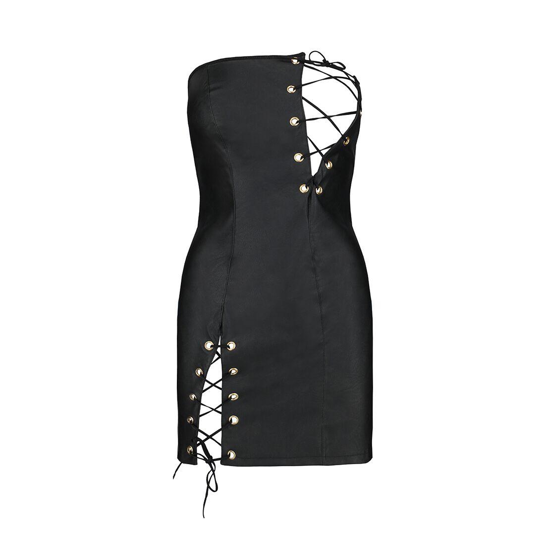 Міні-сукня з екошкіри Passion CELINE CHEMISE black L/XL, шнурівка, трусики в комплекті в DIDO