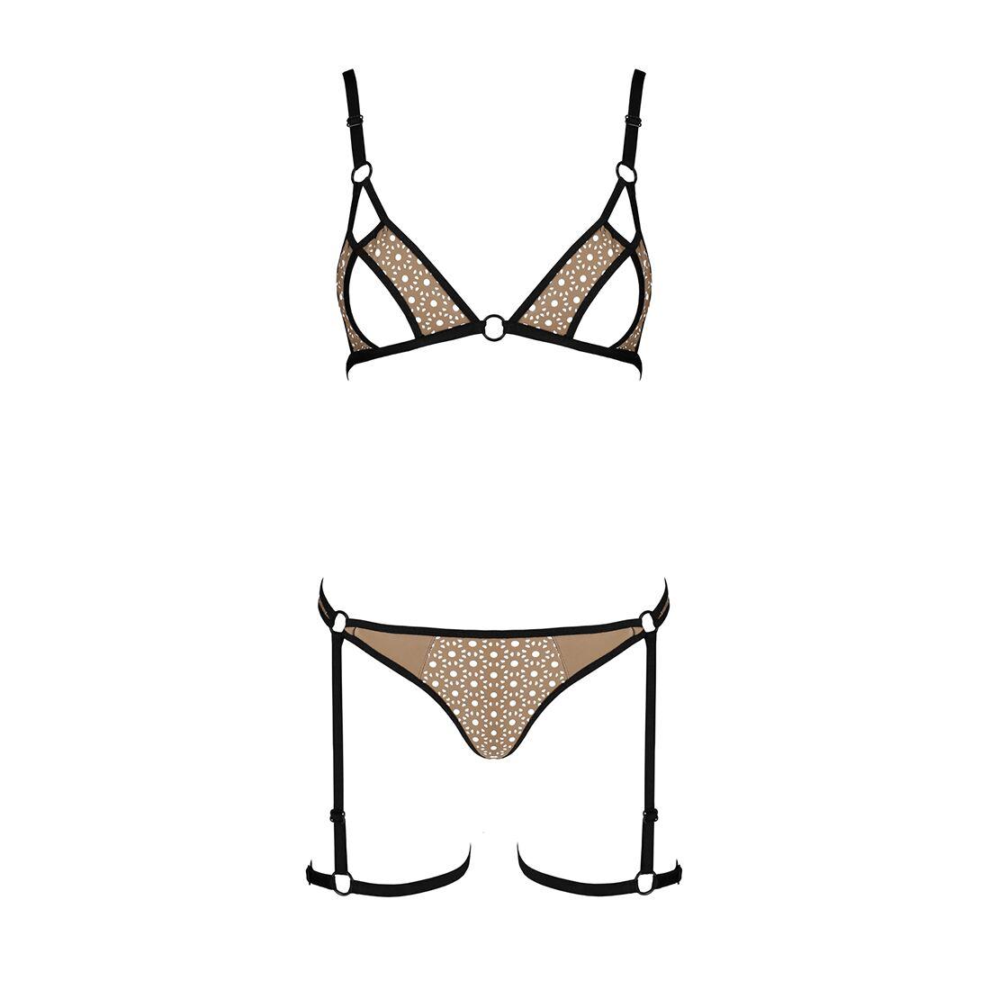 Эротический комплект нижнего белья Passion GABI SET XXL/XXXL beige, трусики с гартерами в DIDO