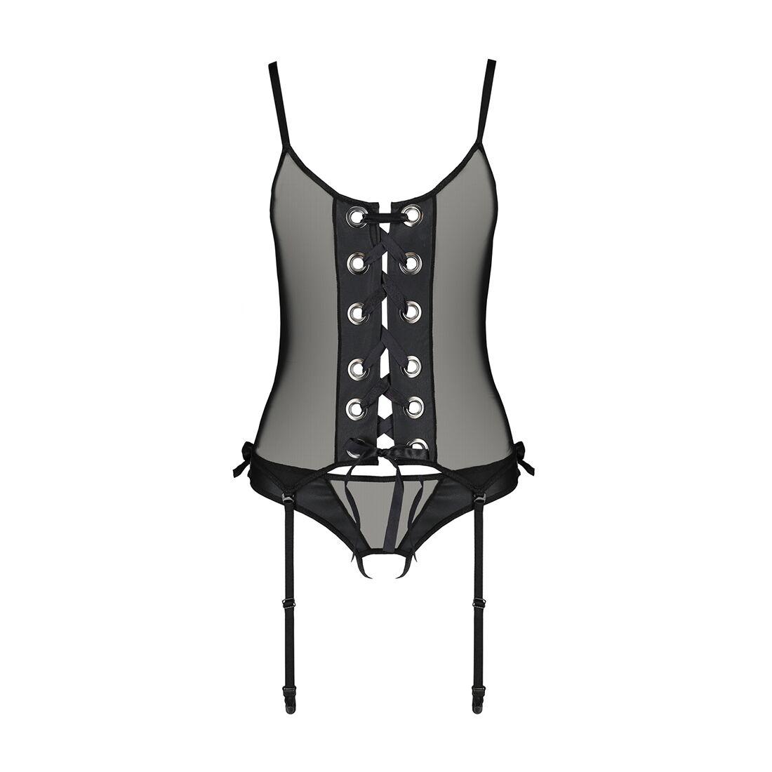 Корсет зі шнурівкою Passion NESSY CORSET XXL/XXXL black, стрінги з відкритим доступом, пажі для панчіх в DIDO