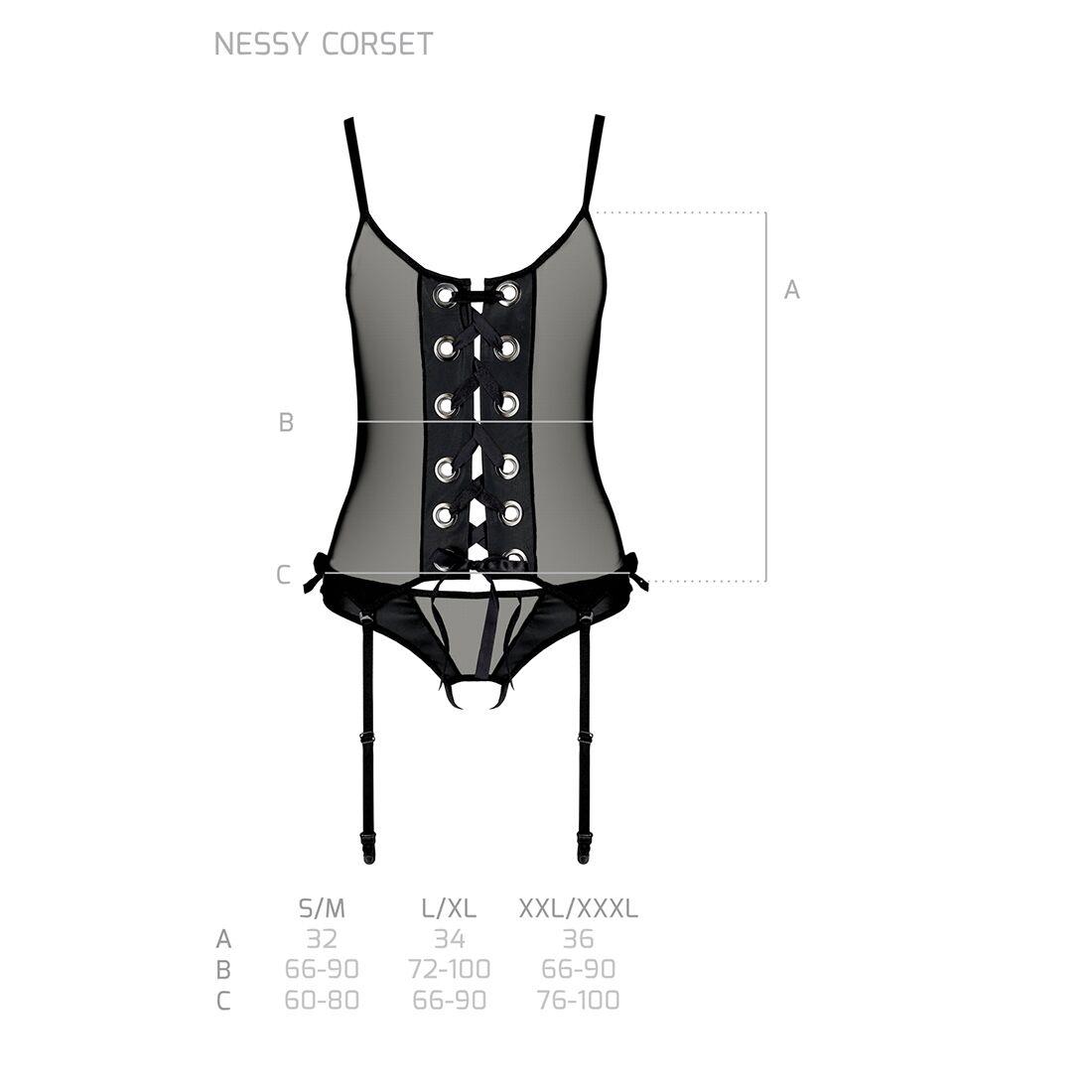 Корсет со шнуровкой Passion NESSY CORSET S/M black, стринги с открытым доступом, пажи для чулок в DIDO