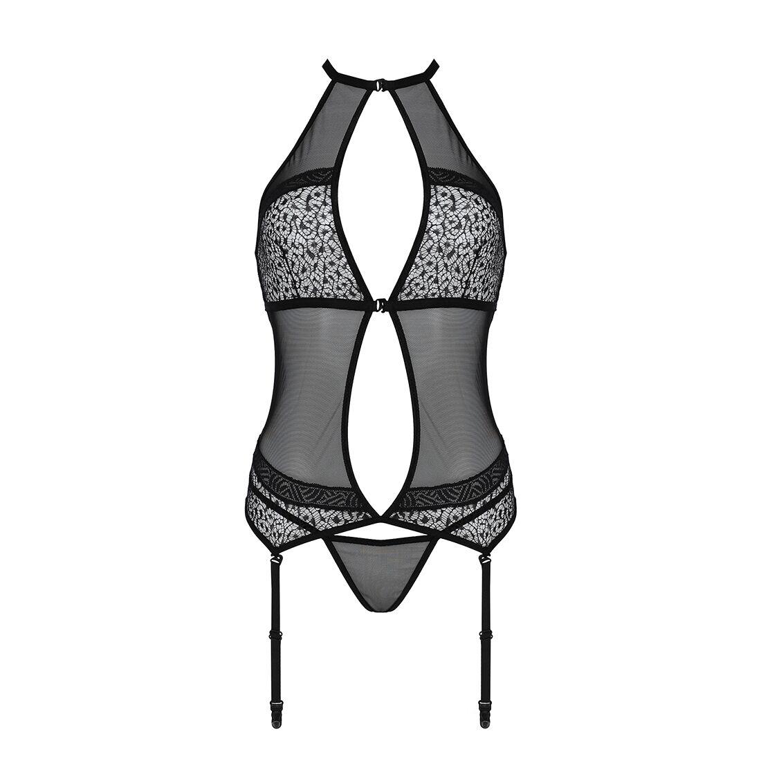Корсет с пажами Passion SATARA CORSET L/XL black, стринги, кружево, застежки спереди и сзади в DIDO
