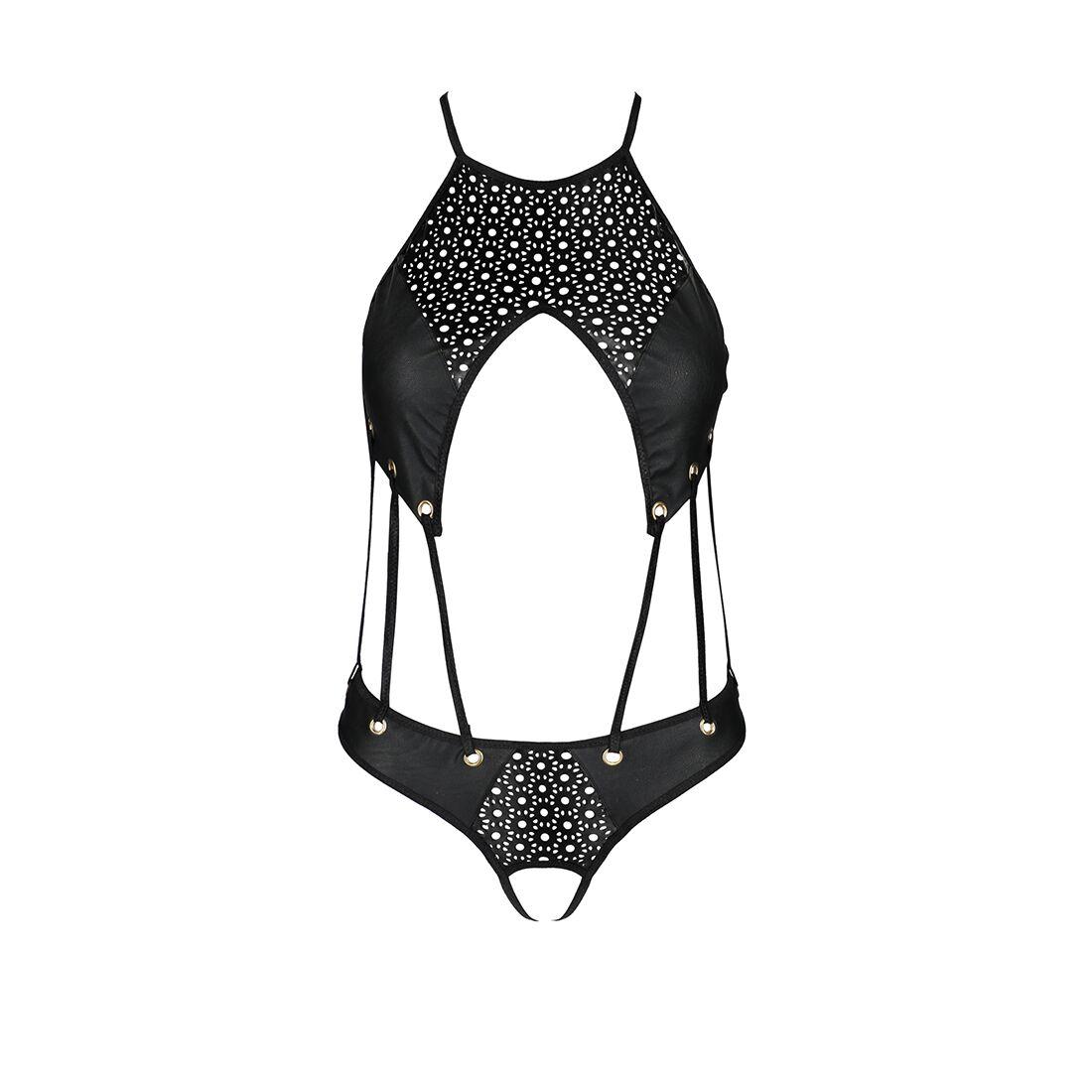 Боді з відкритим доступом Passion TASMINA BODY L/XL black, екошкіра, шнурівки, ажурні мережива в DIDO
