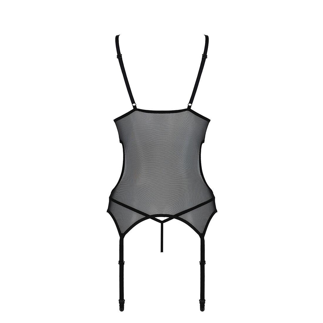 Корсет з підв'язками та ажурним ліфом Passion CHRISTA CORSET L/XL, black, стрінги в комплекті у DIDO