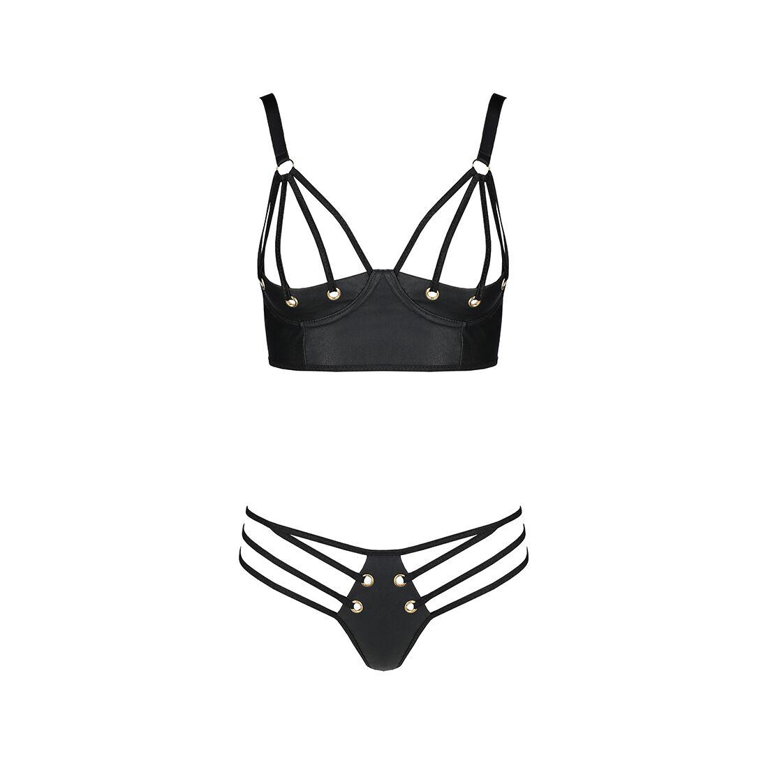 Комплект з еко-шкіри з люверсами та ремінцями Passion MALWIA BIKINI S/M, black, бра та трусики в DIDO