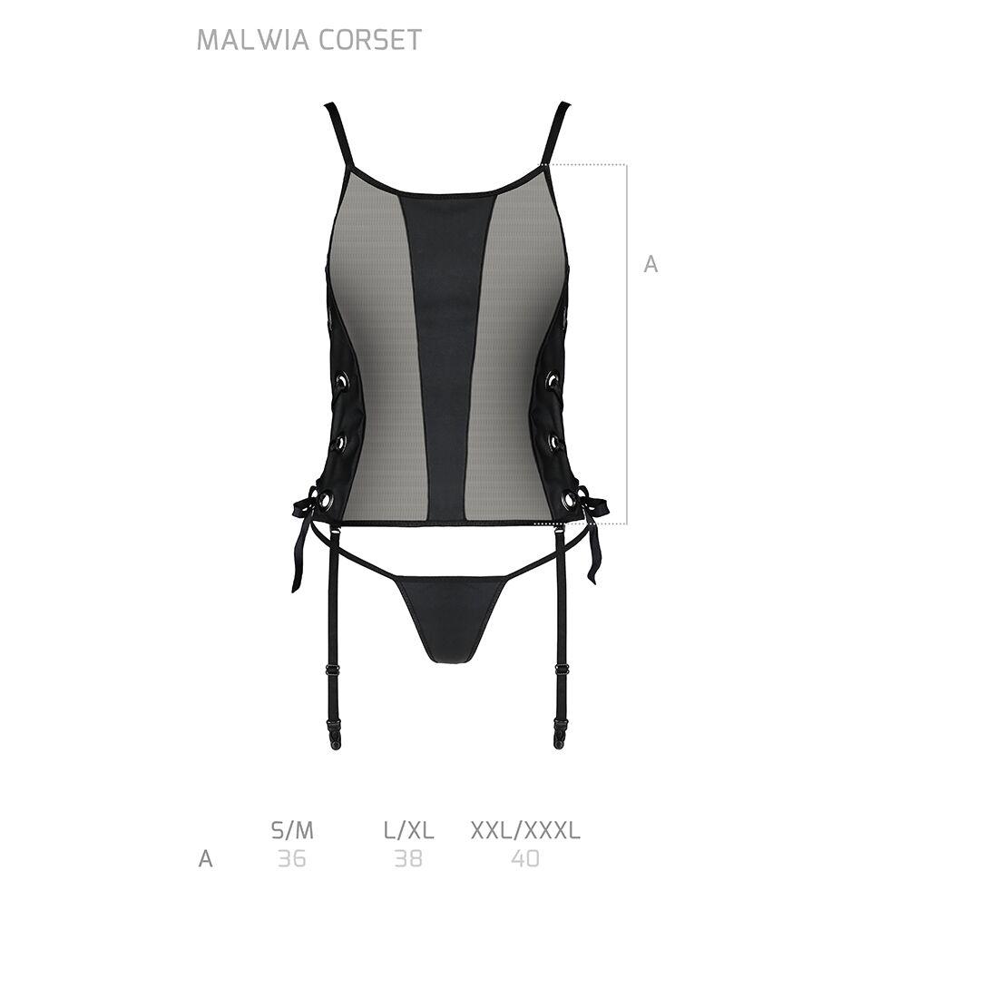 Сітчастий корсет з люверсами та знімними пажами Passion MALWIA CORSET L/XL, black, еко-шкіра, стрінги в DIDO