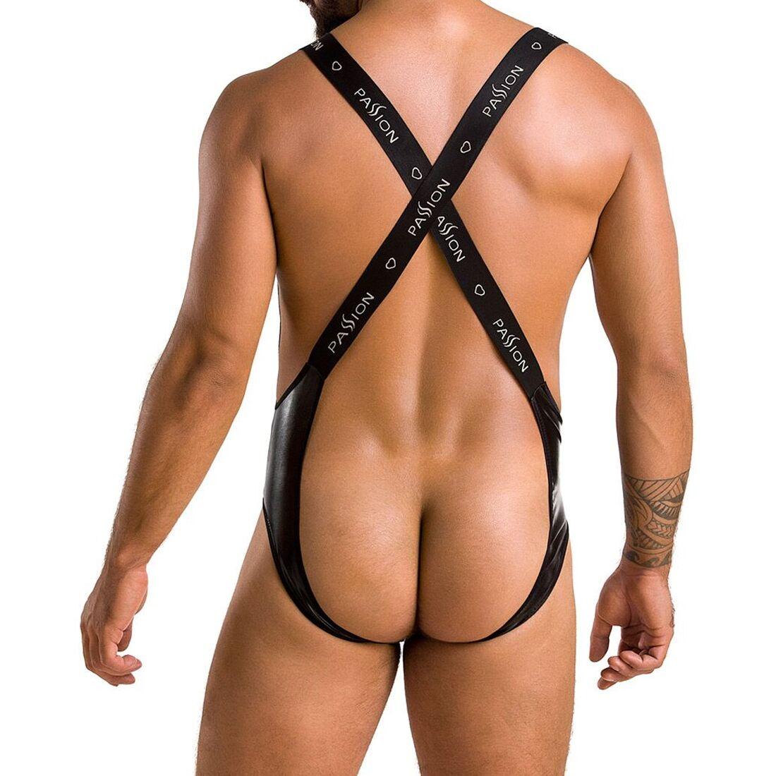 Мужское открытое боди Passion 027 BRUNO S/M Black, под латекс, на лямках в DIDO