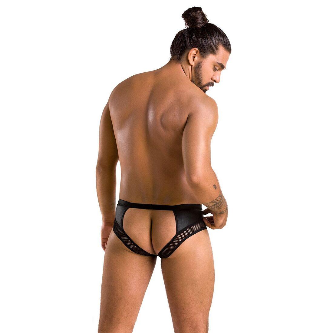 Мужские трусы с цепочкой Passion 030 SLIP TOM XXL/XXXL Black, экокожа, открытые ягодицы в DIDO