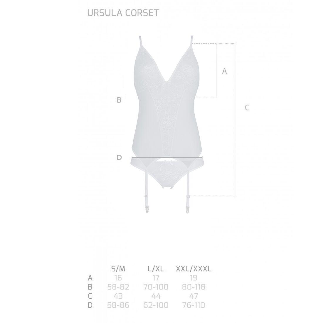 Корсет з пажами, трусики з ажурним декором та відкритим кроком Passion URSULA CORSET S/M, white в DIDO