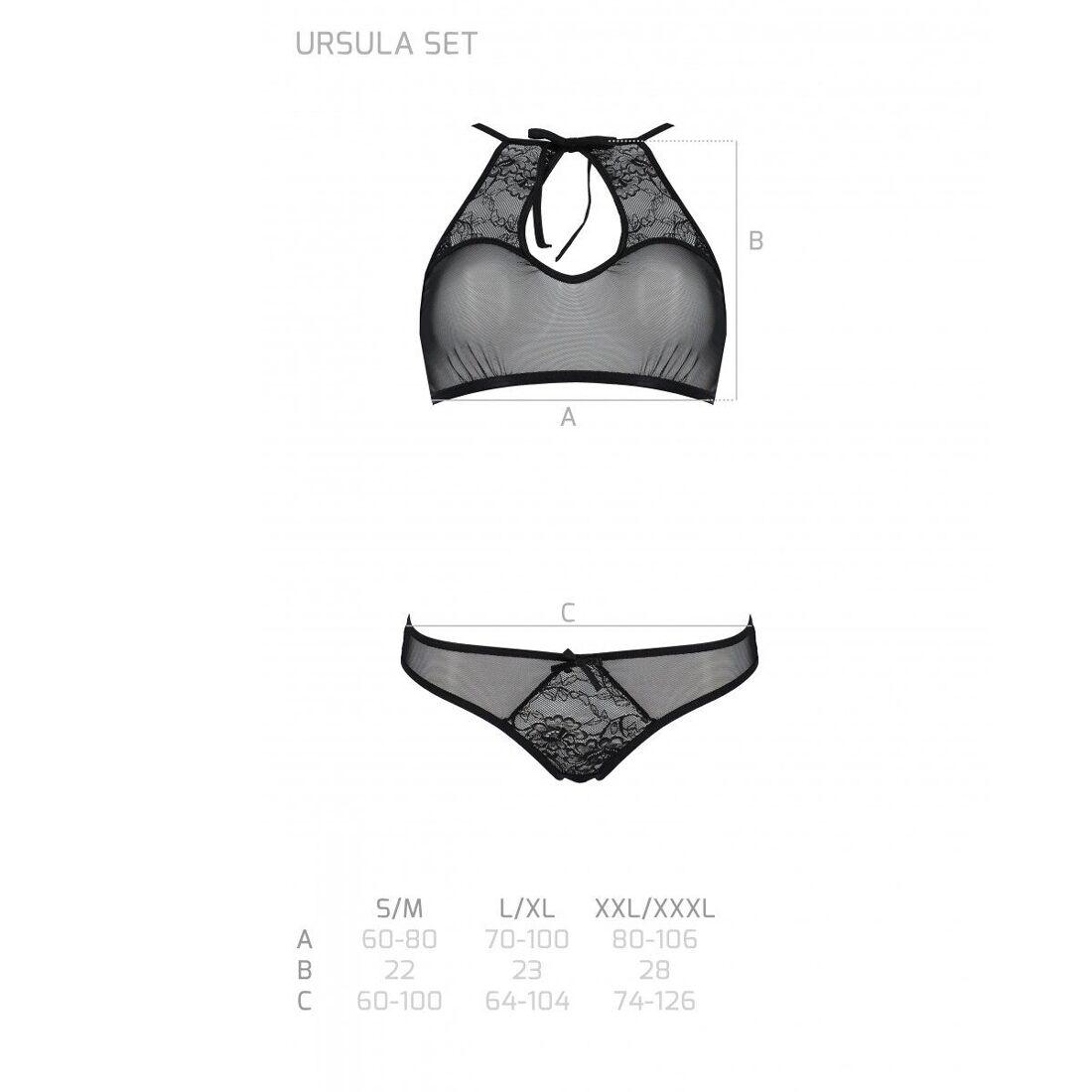 Комплект: бра, трусики з ажурним декором та відкритим кроком Passion URSULA SET L/XL, black в DIDO