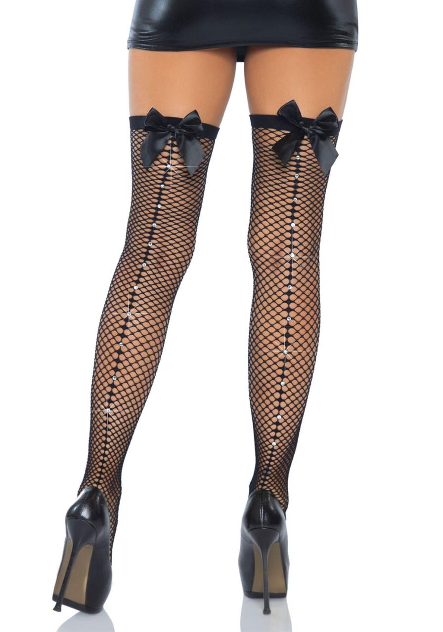 Панчохи-сітка зі швом ззаду Leg Avenue Bow back seam thigh highs One size Black, атласний бант в DIDO