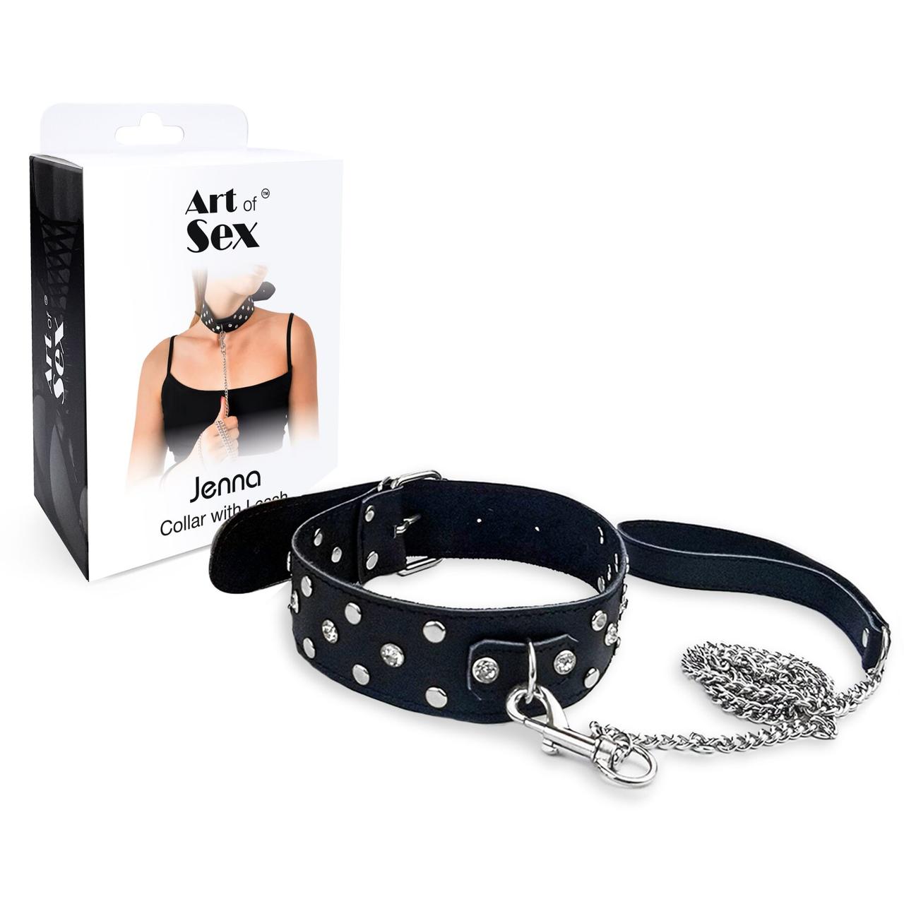 Ошейник с поводком из натуральной кожи с заклепками Art of Sex - Jenna Collar with Leash, черный в DIDO