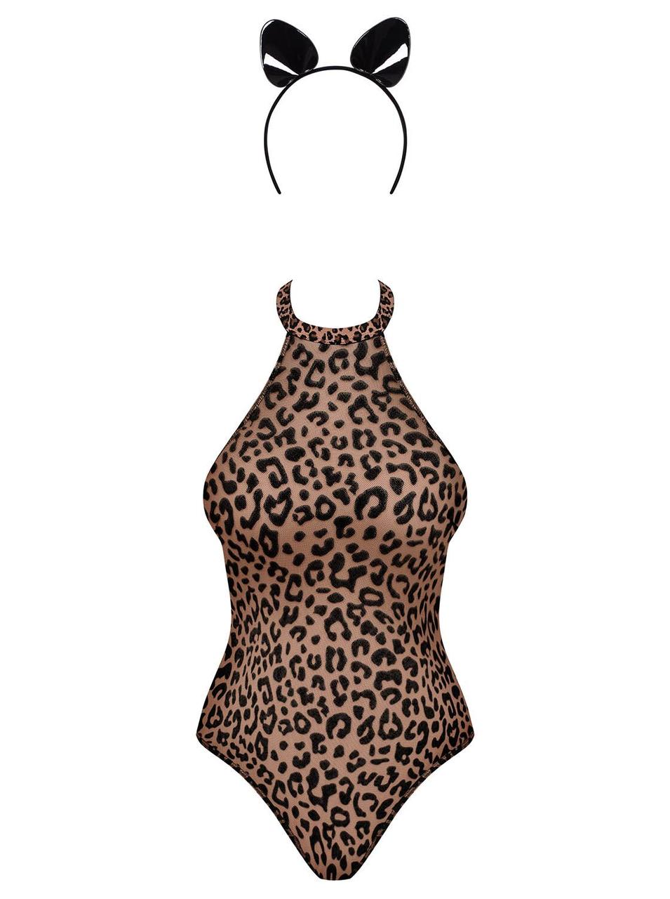 Эротический костюм леопарда Obsessive Leocatia teddy S/M, боди, обруч с ушками в DIDO
