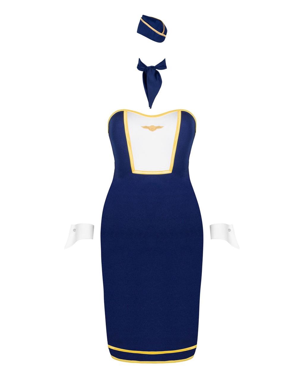 Эротический костюм стюардессы Obsessive Stewardess uniform M/L, blue, платье, пилотка, шарф, манжеты в DIDO