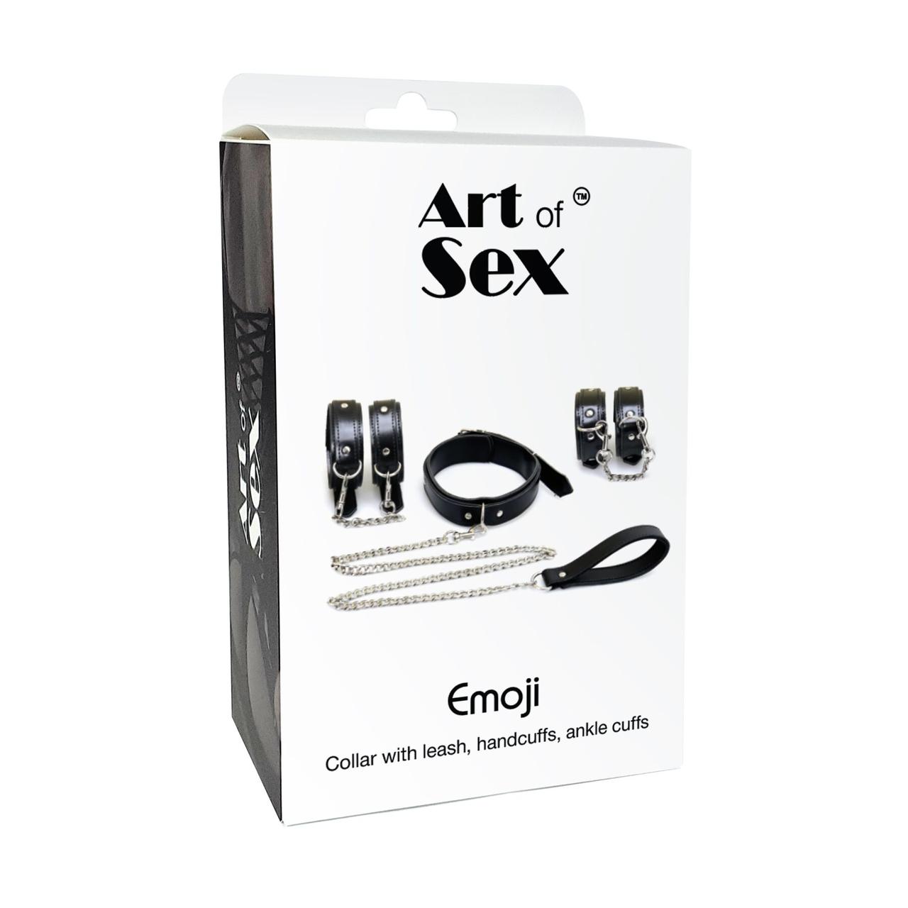 Набір BDSM Art of Sex - Emoji, наручники, поножі, нашийник з повідцем, екошкіра, чорний в DIDO