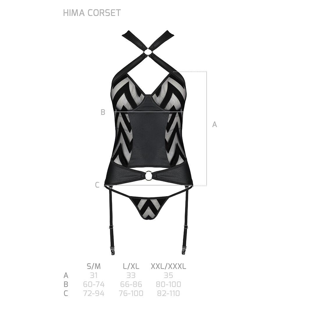 Сітчастий комплект з візерунком Passion HIMA CORSET L/XL, black, корсет з халтером, підв'язки, трусики в DIDO