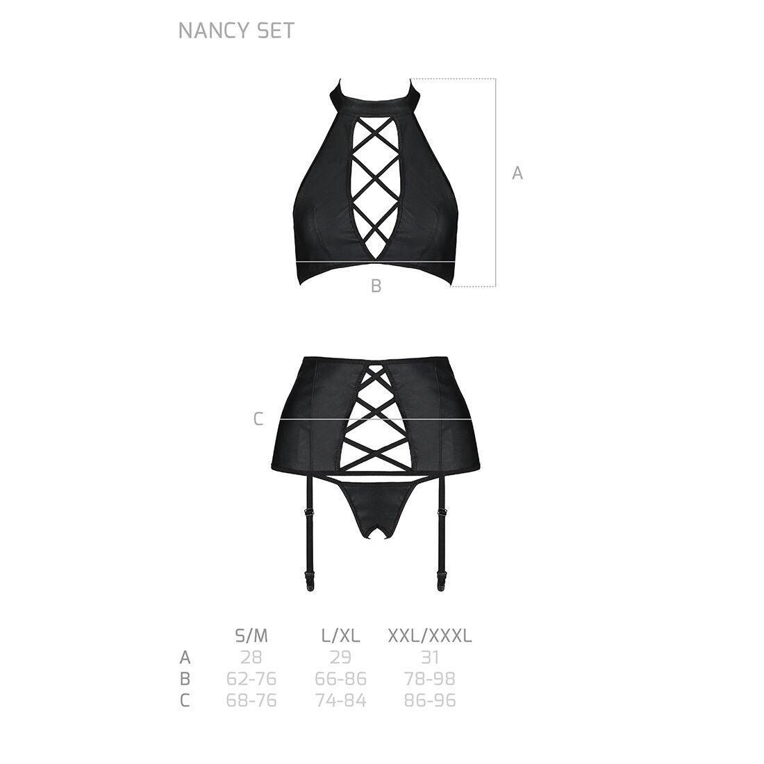 Комплект из эко-кожи с имитацией шнуровки Passion NANCY SET L/XL black, топ, трусики, пояс для чулок в DIDO