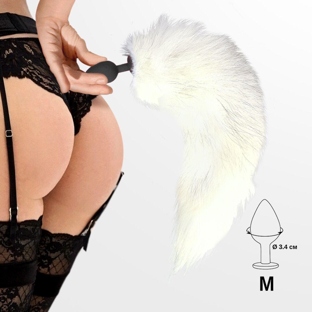 Силиконовая анальная пробка с хвостом из натурального меха Art of Sex size M White fox в DIDO