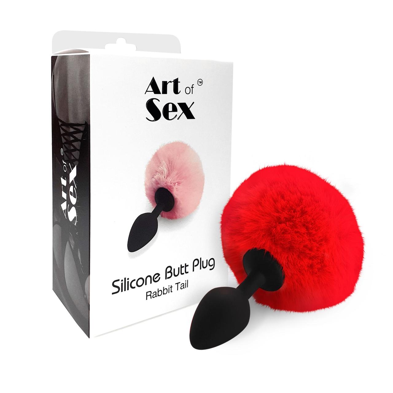 Силиконовая анальная пробка М Art of Sex - Silicone Bunny Tails Butt plug Red, диаметр 3,5 см в DIDO