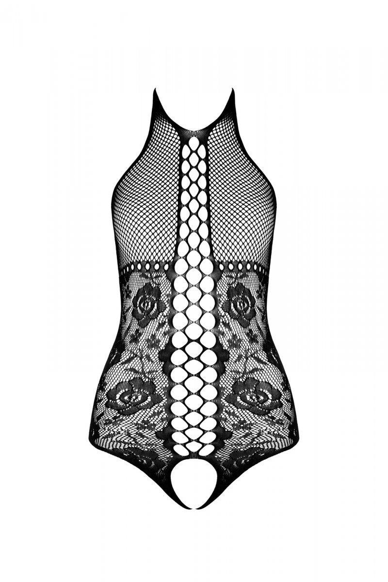 Бодістокінг з імітацією корсетного шнурівки Passion BS094 One Size, black, квітковий візерунок, з доступом до DIDO