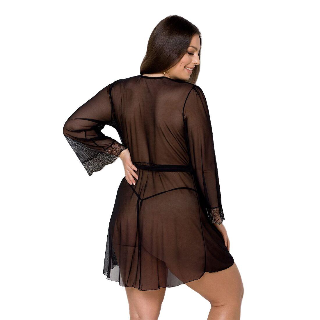 Пеньюар Passion AMBERLY PEIGNOIR 6XL/7XL, black, ажурні декольте та манжети, широкі рукави в DIDO