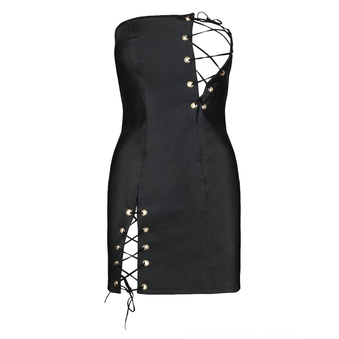 Мини-платье из экокожи Passion CELINE CHEMISE 4XL/5XL, black, шнуровка, трусики в комплекте в DIDO