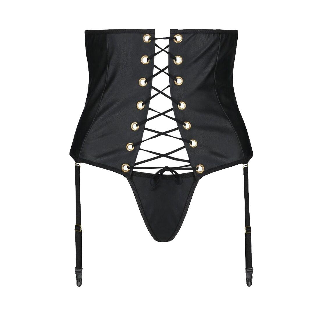 Пояс-корсет из экокожи Passion CELINE SET with Open Bra 4XL/5XL, black, шнуровка, пажи, стринги в DIDO