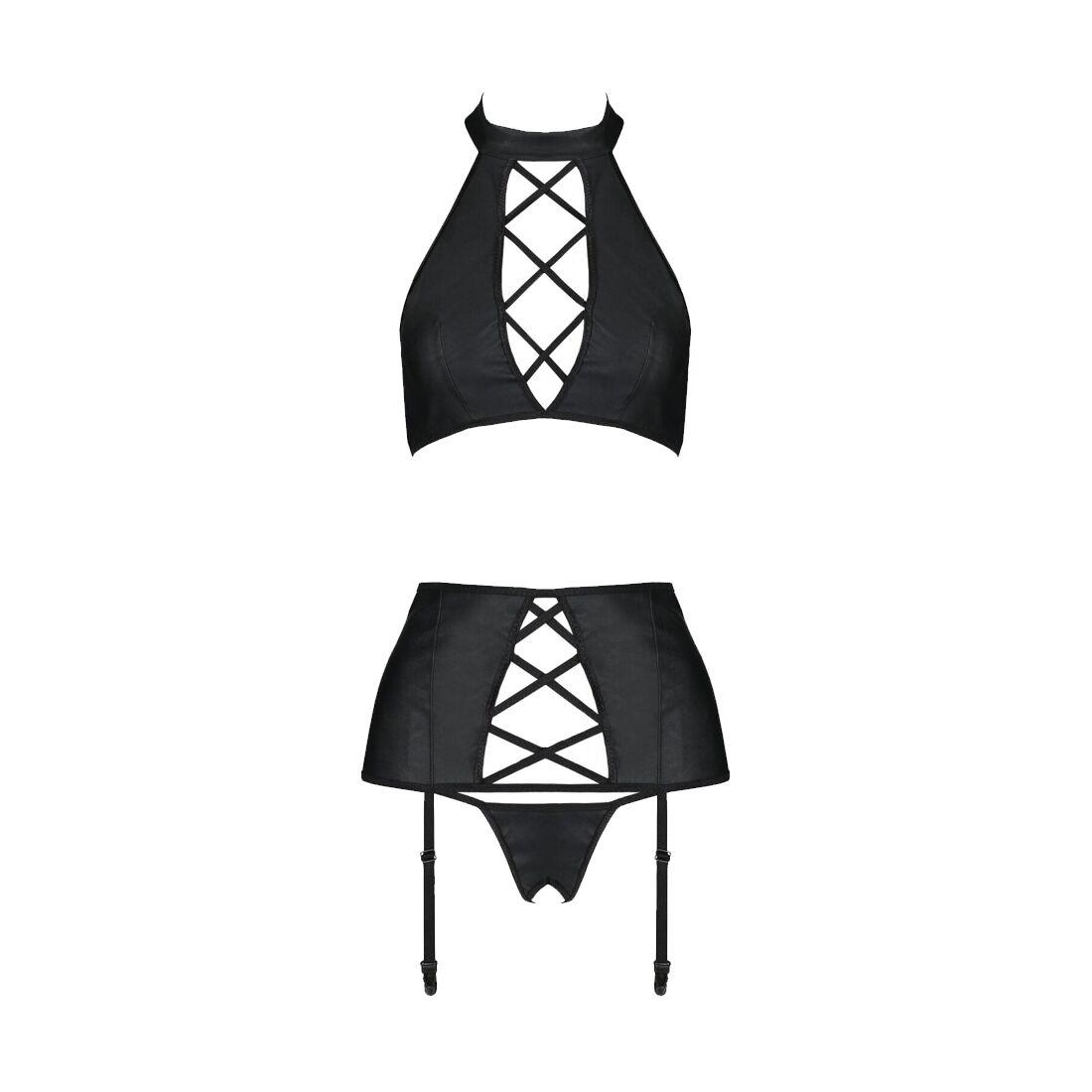 Комплект з екошкіри Passion NANCY SET 6XL/7XL black, імітація шнурівки, топ, пояс для панчіх в DIDO