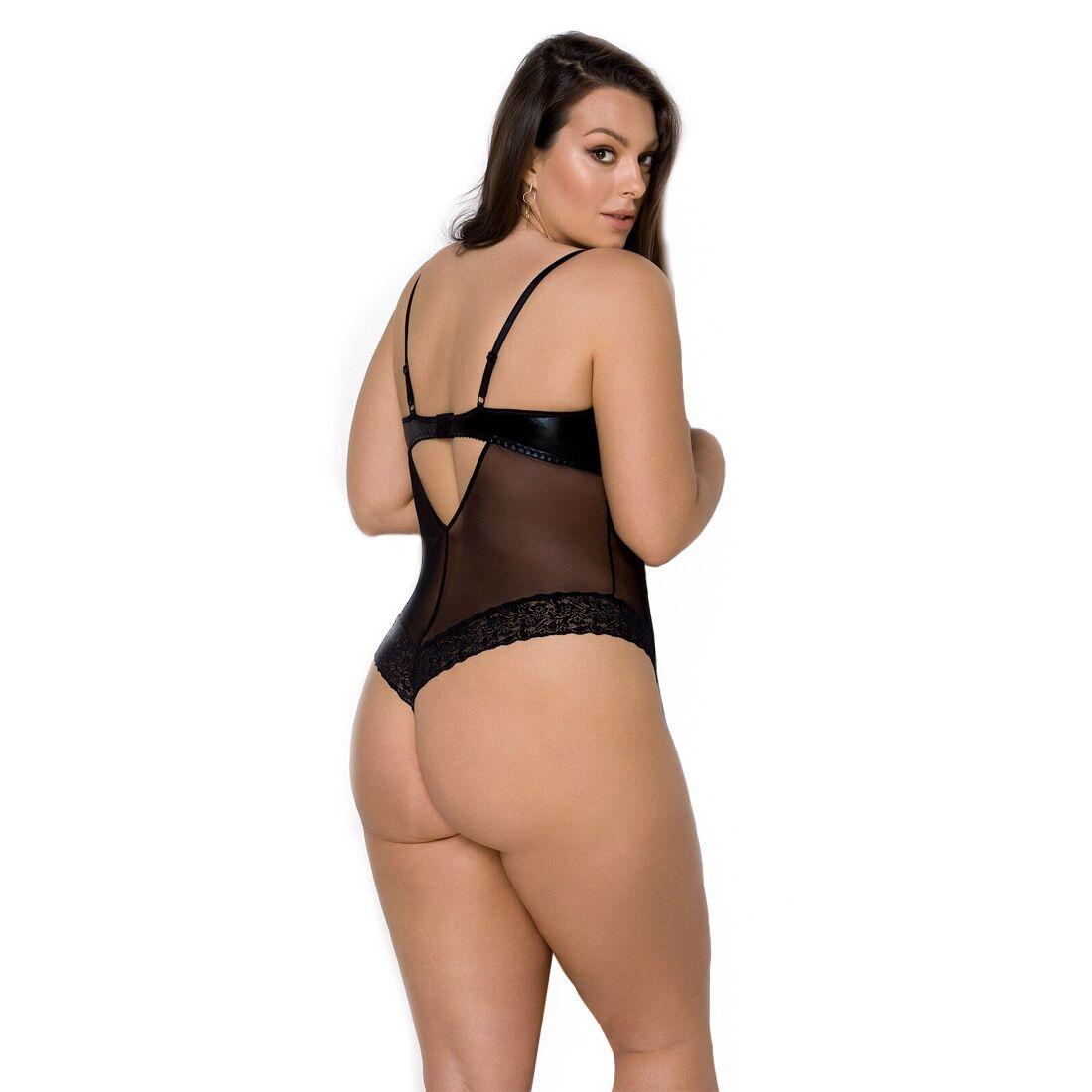 Боди Passion Exclusive NORTH BODY 4XL/5XL black, открытая грудь, с доступом, винил и кружева в DIDO