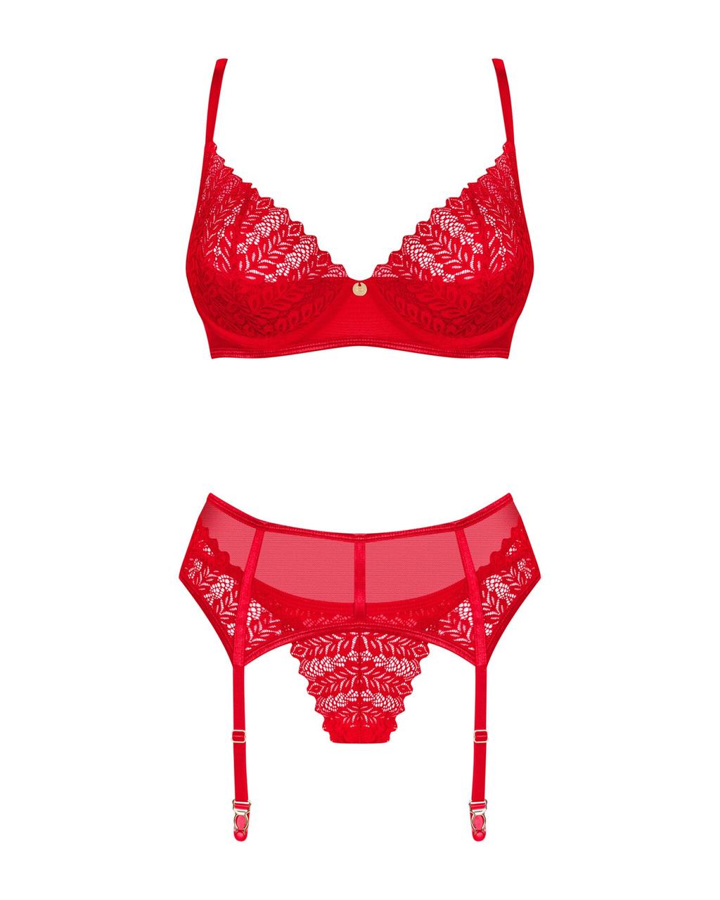 Комплект Obsessive Ingridia 3-pcs set XL/2XL, червоний, бюстгальтер, стрінги, пояс у DIDO