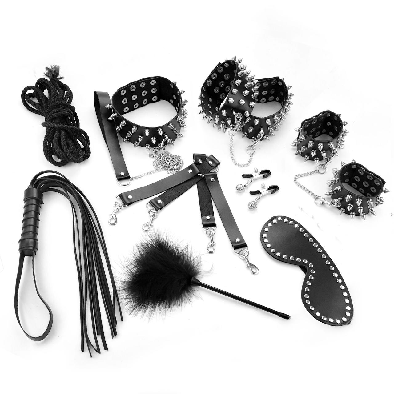 BDSM-набор Art of Sex – Spikes BDSM Set Leather, 10 предметов, черный, натуральная кожа в DIDO