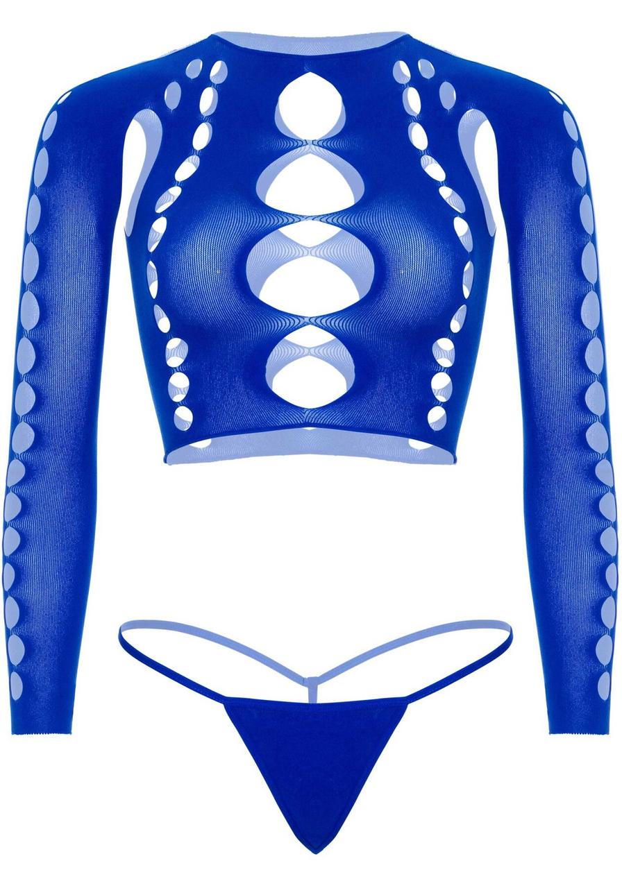 Комплект Leg Avenue Long sleeve crop top & string Royal Blue One Size, топ, стринги в DIDO