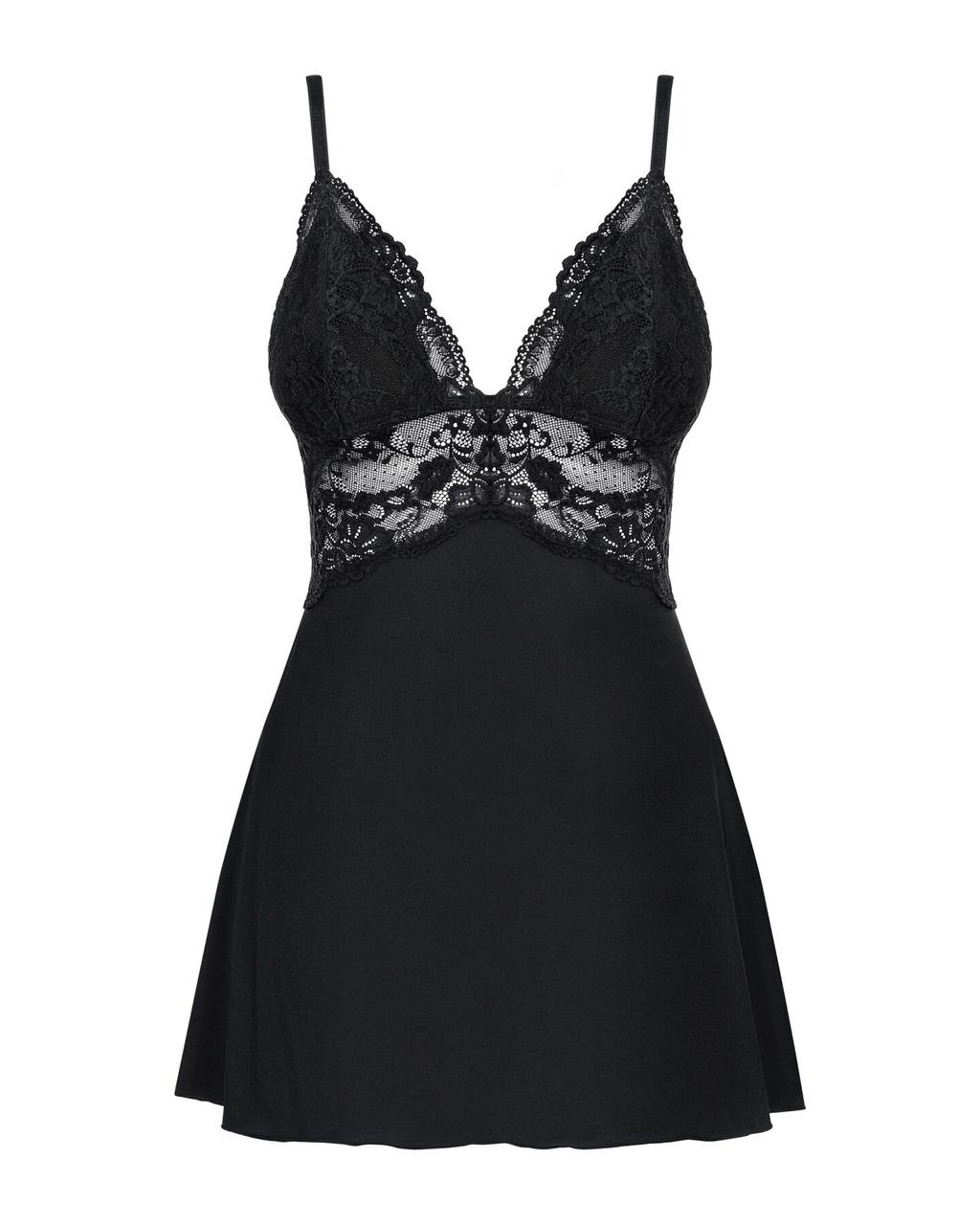 Сатиновый пеньюар с кружевом Obsessive 810-BAB-1 babydoll & thong S/M, черный, пеньюар, танга в DIDO