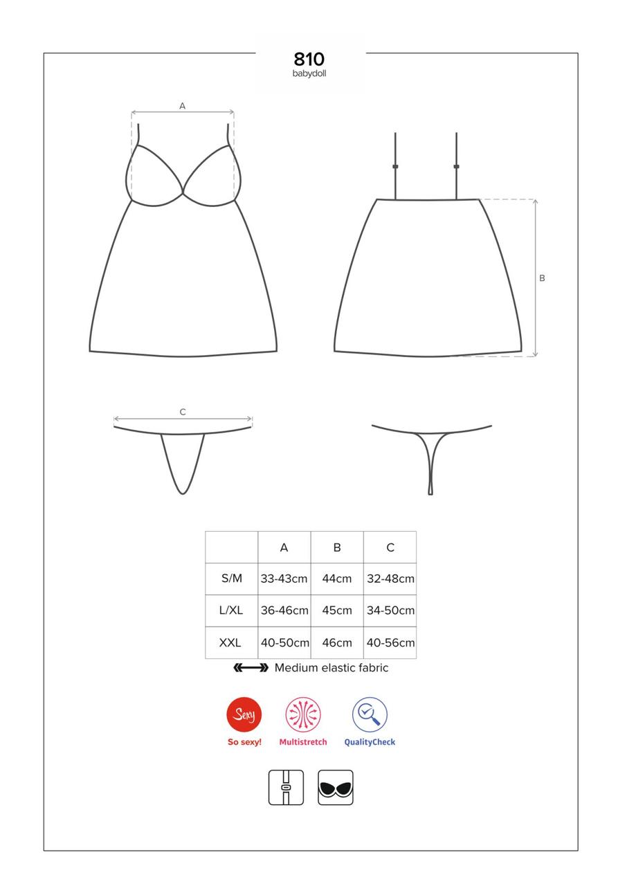 Сатиновый пеньюар с кружевом Obsessive 810-BAB-2 babydoll & thong S/M, белый, пеньюар, танга в DIDO