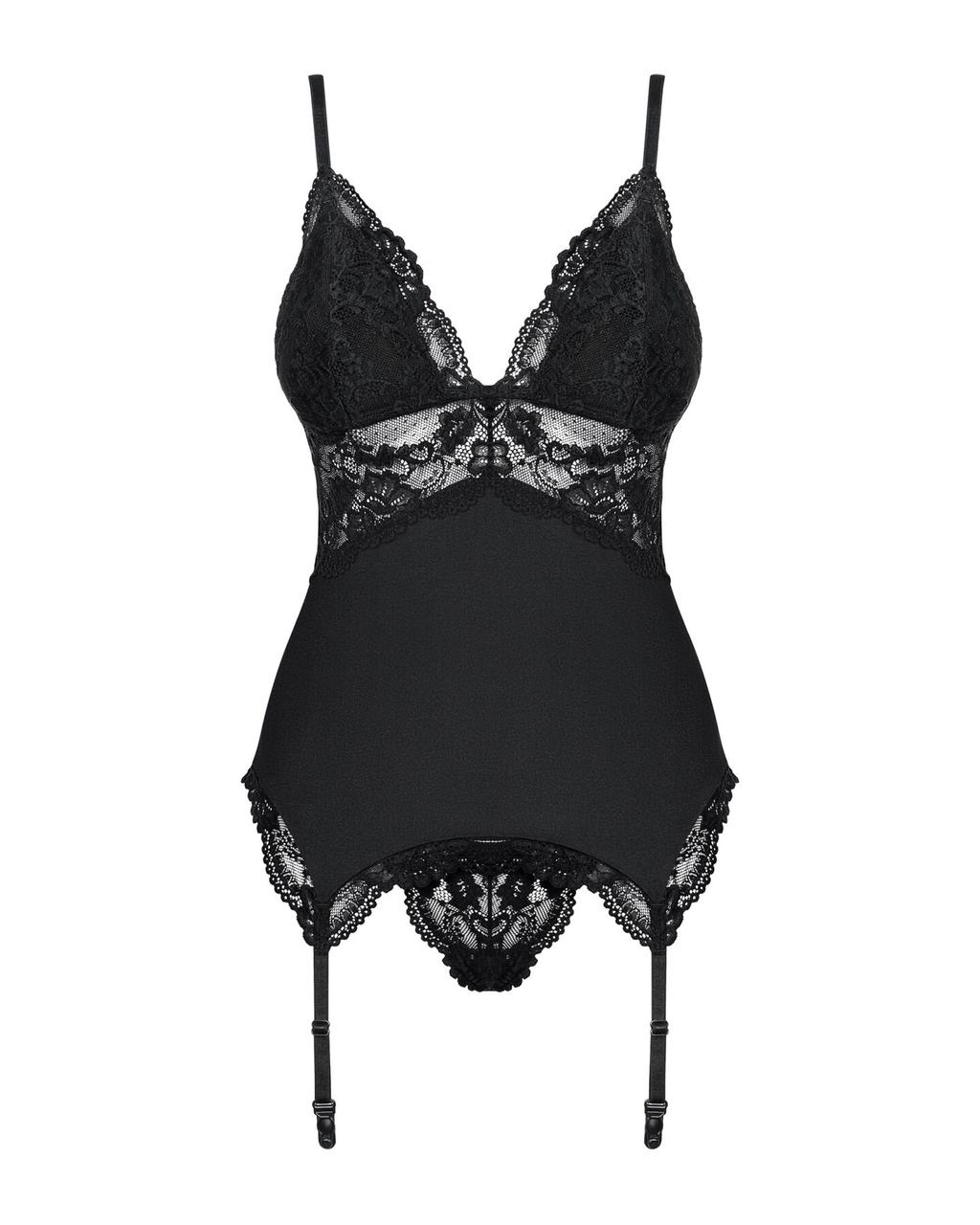 Сатиновый кружевной корсет Obsessive 810-COR-1 babydoll & thong S/M, черный, корсет, танга в DIDO