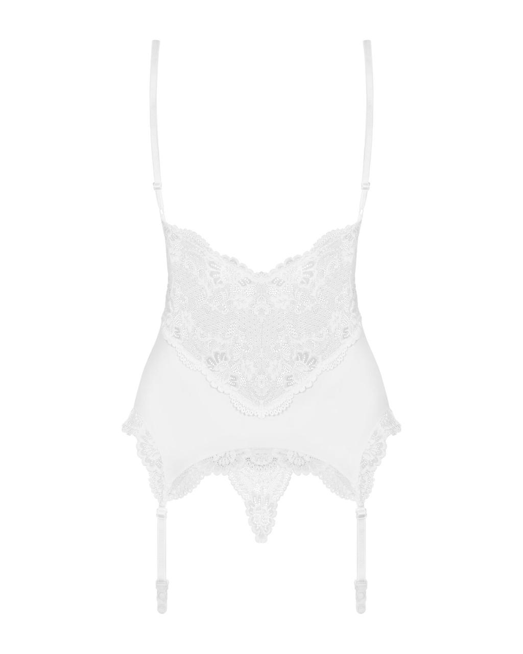 Сатиновий мереживний корсет Obsessive 810-COR-2 babydoll & thong L/XL, білий, корсет, танга в DIDO