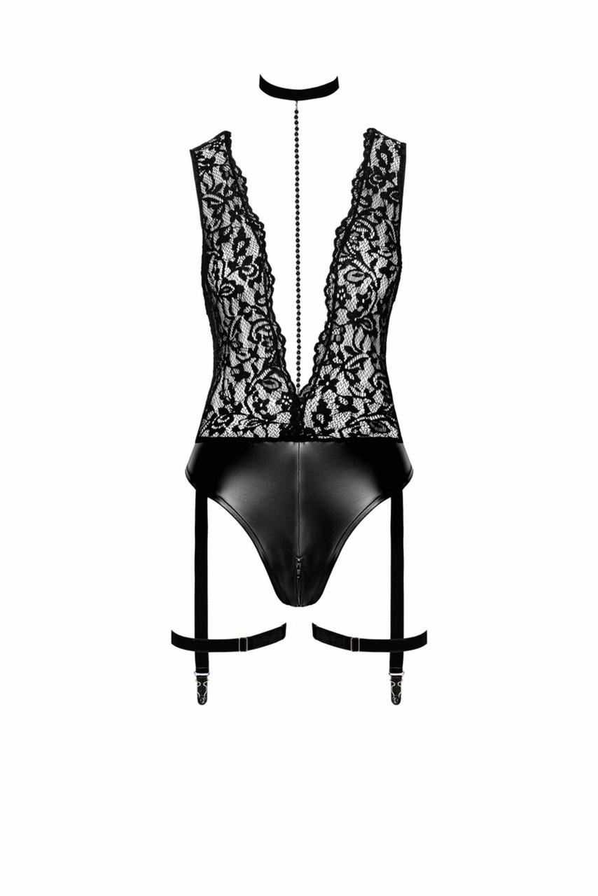 Боді Noir Handmade F297 Libido Deep-V bodysuit with collar, pearl chain and garter - XL в DIDO